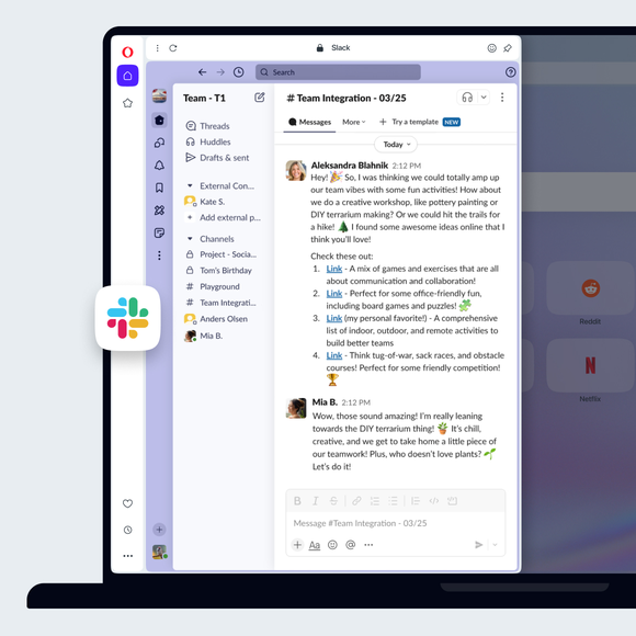 Komunikator Slack na pasku bocznym Opery