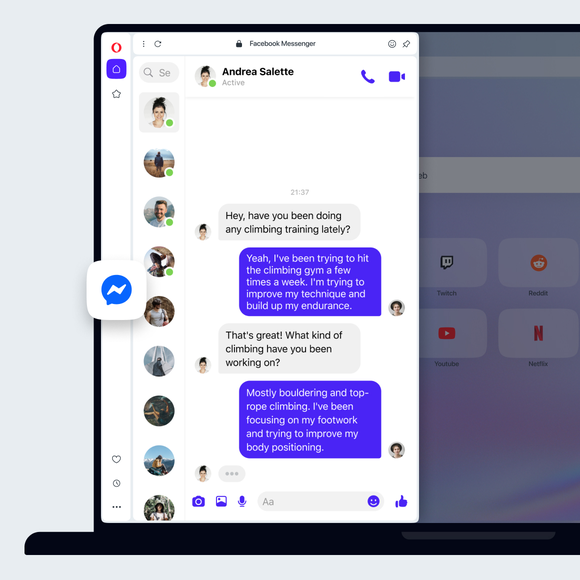 Facebook Messenger na pasku bocznym Opery