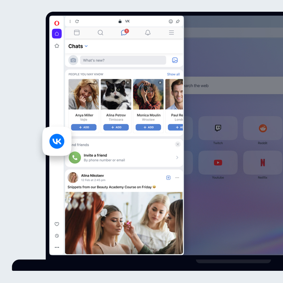 Komunikator VKontakte na pasku bocznym Opery