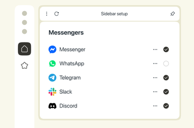 Innstillingspanel i sidefeltet som lar brukerne slå Messenger, WhatsApp, Telegram, Slack og Discord på eller av.