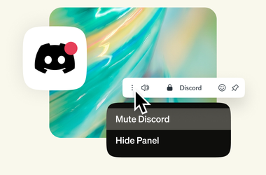 Discord-ikon med varslingsmerke i Opera-sidepanelet, med mulighet til å dempe eller skjule panelet.
