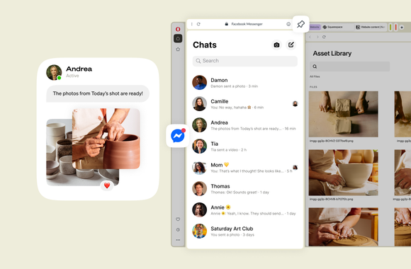 Messenger-chat i Opera-sidepanelet som viser et delt bilde, med et bildebibliotek åpent i nettleseren.