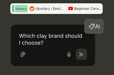 Tab Island with Opera AI chat message window.
