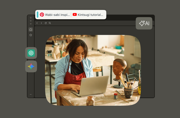 Opera browser window with AI icons highlighted.