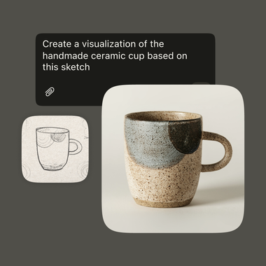 User's prompt in Opera AI with a sketch of a ceramic cup and image showing the product visualisation.