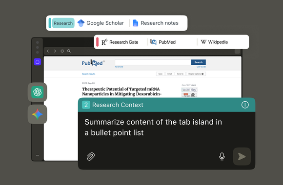 Opera browser with Tab Islands, article page, and AI prompt asking to summarize the tab context.