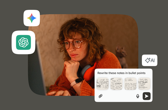 Woman working on her laptop surrounded by AI icons and Opera AI message input.