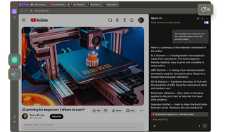Opera browser with a YouTube video open and Opera AI in the sidebar summarizing the page context.