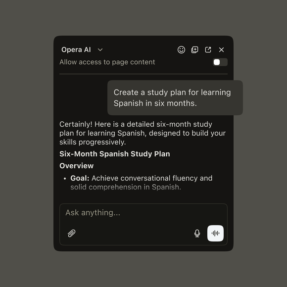 Opera AI sidebar chat with a highlighted user message.