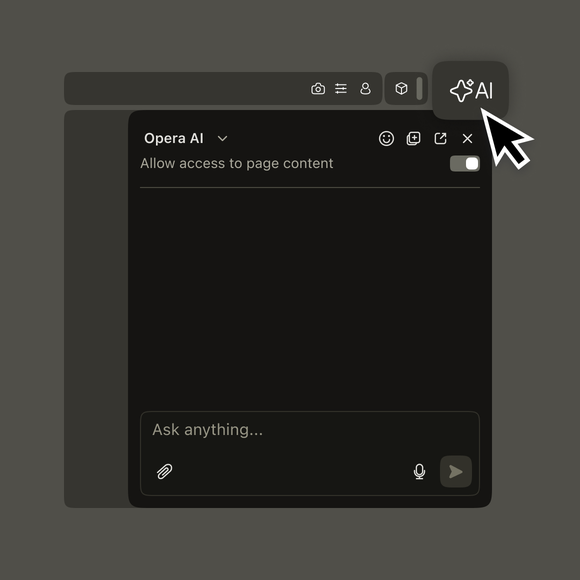 Opera browser with AI icon highlighted in the right upper corner.