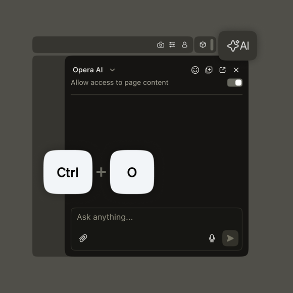 Opera browser with AI icon highlighted in the right upper corner and keyboard shortcut.