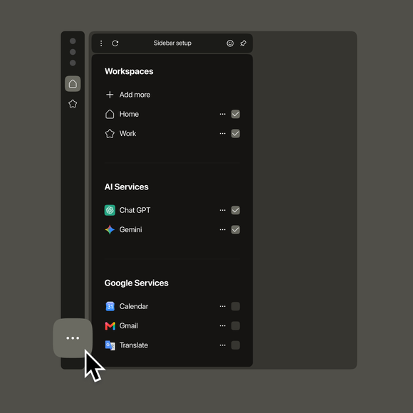Opera sidebar with highlighted three dots icon.