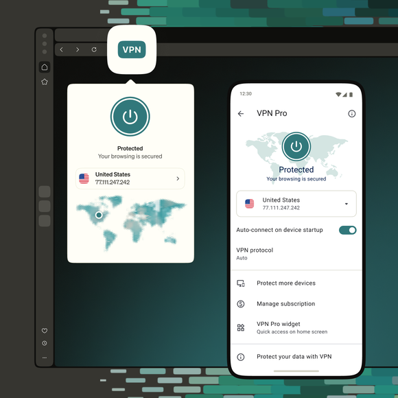 오페라 브라우저와 VPN Pro 모바일 설정 모두 “보호됨” 상태를 표시하며, 미국에 연결되어 있습니다.