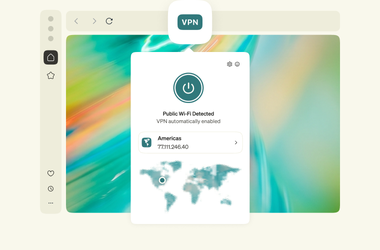 다채로운 그라데이션 배경 위에 VPN 팝업이 표시된 오페라 브라우저.