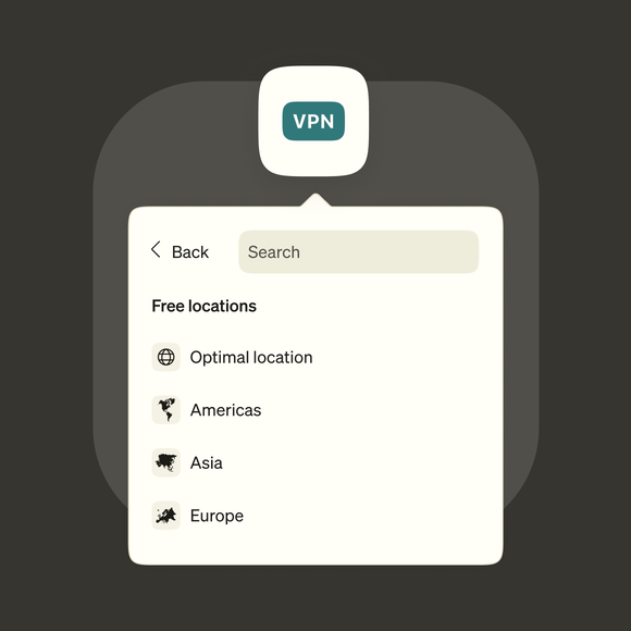 무료 서버 옵션을 보여주는 VPN 위치 메뉴: 최적 위치, 미국, 아시아, 유럽.