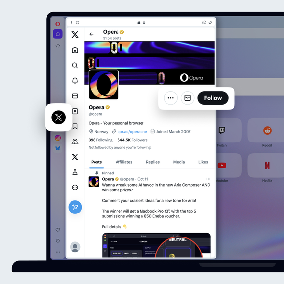 X (aka Twitter) in Opera's sidebar