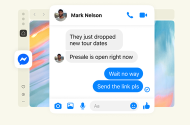 Messenger chat with Mark Nelson about tour presale, open in an Opera sidebar panel.