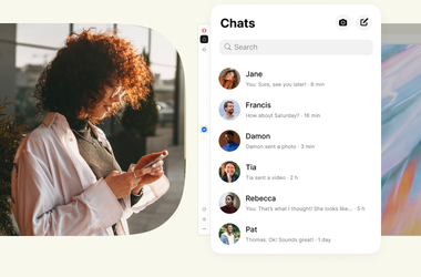 Woman looking at her phone beside the Messenger chat list open in the Opera sidebar.