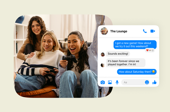 Friends playing a video game beside a Messenger group chat planning to play on Saturday.