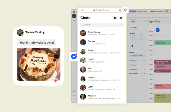 Messenger chat list in the Opera sidebar with a birthday cake photo, next to Google Calendar events.