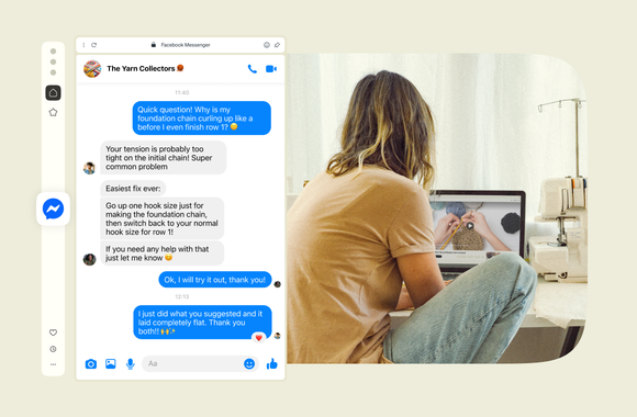 Messenger crochet group chat in the Opera sidebar, beside a woman following a yarn tutorial on a laptop.