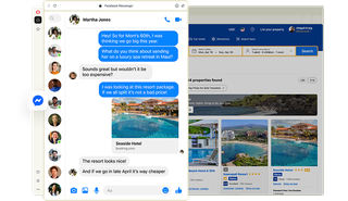 Opera browser with Messenger open in the sidebar, showing a chat about a resort next to Booking.com.