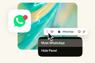 Значок WhatsApp с отметкой о непрочитанных сообщениях и меню «Отключить звук WhatsApp» на боковой панели Opera.