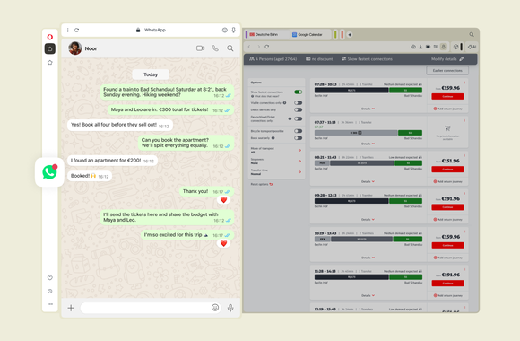 Групповой чат в WhatsApp, где планируют поездку на выходные, в боковой панели Opera, рядом с сайтом бронирования билетов на поезд.
