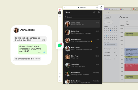 Список чатов WhatsApp на боковой панели Opera с перепиской о бронировании, рядом с событиями из Google Календаря.