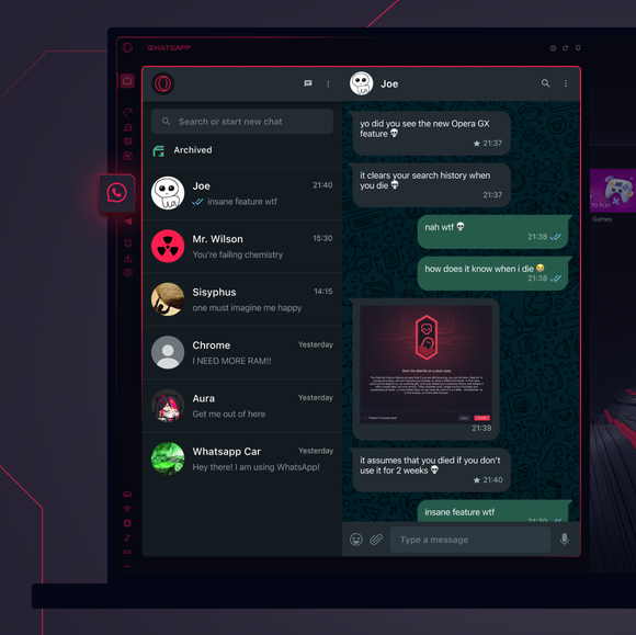WhatsApp messenger in Opera GX’s sidebar