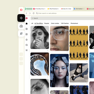 Espaces de travail dans la barre latérale d'Opera, avec un espace de travail « Photoshoot » ouvert sur un tableau Pinterest de photos de mode.