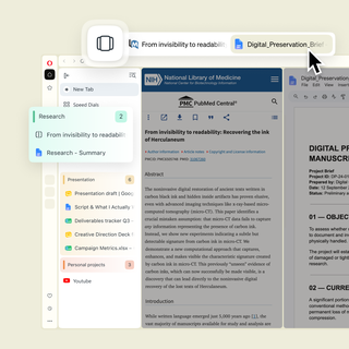 Un écran partagé affichant côte à côte un article de recherche et un document, avec des onglets verticaux regroupés en « îlots ».