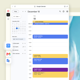 Google Agenda est ouvert dans la barre latérale d'Opera, avec les raccourcis vers Gmail et Google Traduction à portée de main.