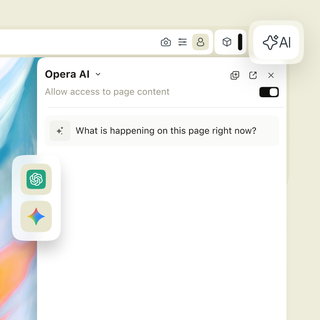 Panneau Opera AI avec l'accès aux pages activé, à côté des raccourcis vers ChatGPT et Gemini dans le navigateur.