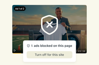 Un bloqueur de pubs bloque une pub vidéo, et une fenêtre contextuelle s'affiche avec le message « 5 pubs bloquées sur cette page ».