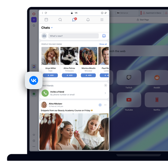 Ứng dụng nhắn tin VKontakte trong thanh bên của Opera