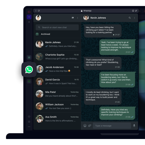 Ứng dụng nhắn tin WhatsApp trong thanh bên của Opera