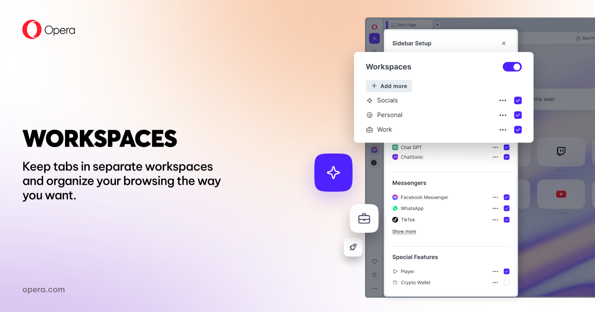 Workspaces | Tidy your browser with Opera | Opera Browser